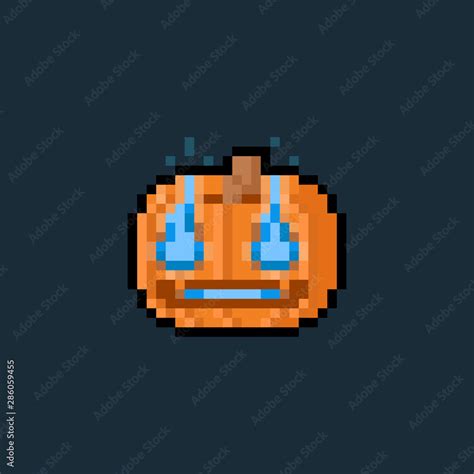 Pixel Art Pumpkin Head With Blue Flame Eyes 8bit Halloween Stock