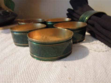 Vintage Kemp Beatley Enamel And Brass Napkin Rings Six Simple Green