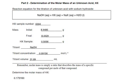 SOLVED Part 2 Determination Of The Molar Mass Of An Unknown Acid HX