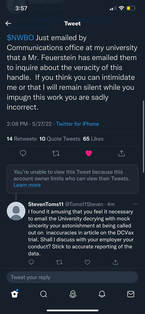 Adam Feuerstein has now threatened multiple clinicians regarding NWBO