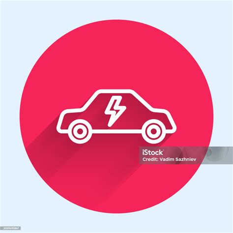 White Line Electric Car And Electrical Cable Plug Charging Icon Isolated With Long Shadow