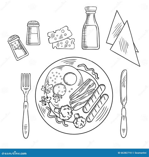 Sketch of Tasty Cooked Dinner on a Plate Stock Vector - Illustration of kitchen, design: 66382710