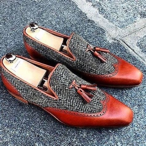 Men Brown Tweed Tassels Loafer Slip On Wing Tip Genuine Leather Shoes