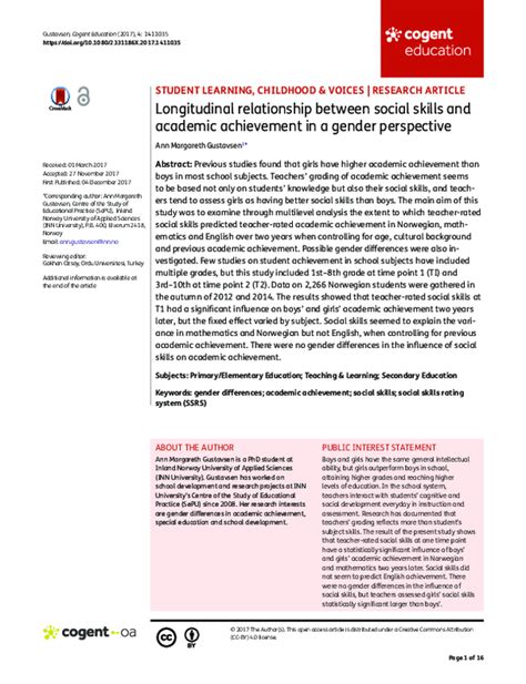 Pdf Longitudinal Relationship Between Social Skills And Academic Achievement In A Gender