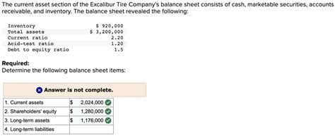 The Current Asset Section Of The Excalibur Tire Company S Balance Sheet