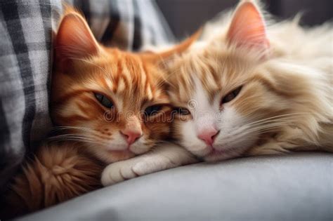 Cute Ginger Cat And Red Cat Sleeping Under Blanket On Sofa A Cute Red