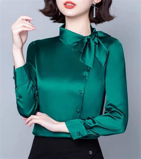 Silk Women S Silk Long Sleeve Blouses M Green Silk Long Sleeve Blouse Modern Shirts