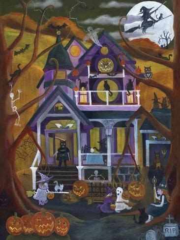 A Painting Of A House With Halloween Decorations