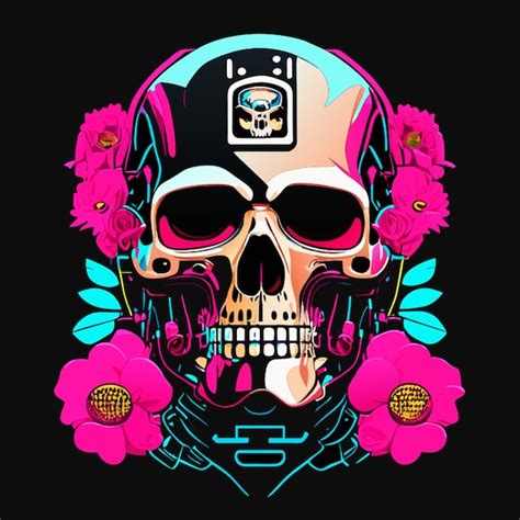 Premium Vector Cyberpunk An An Iconic Skull With Flowers Front Face