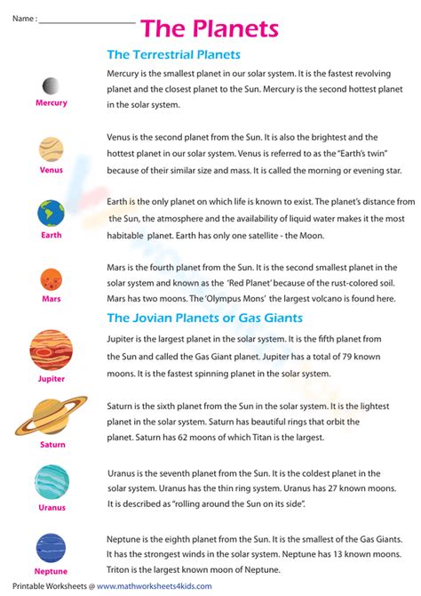 Planet Facts Worksheet