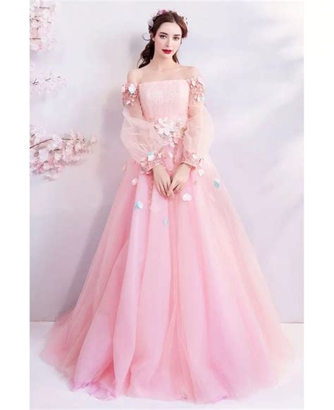 Fairy Pink Butterfly Off Shoulder Poofy Prom Dress With Long Sleeves