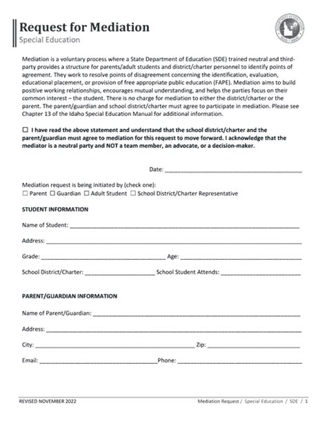 Idaho Mediation Request Form Special Education Fill Out Sign