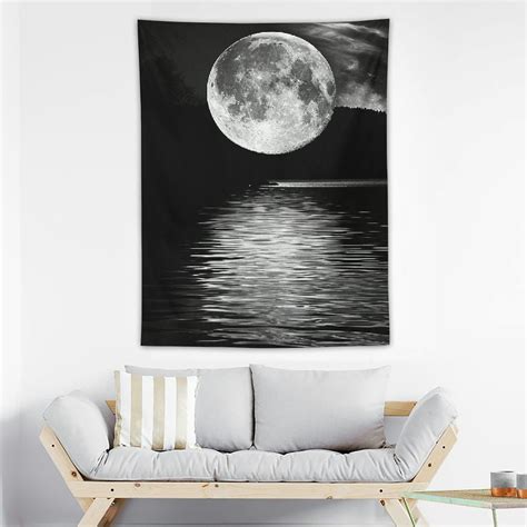 Onetech Small Full Moon Over Ocean Tapestry Wall Hanging Starry Night