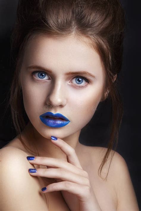 Portrait of a Girl with a Blue Lips.Beautiful Young Woman with Creative ...