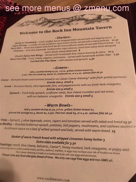 Menu At The Rock Inn Mountain Tavern Steakhouse Estes Park