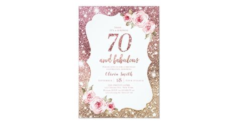 Sparkle Rose Gold Glitter And Floral 70th Birthday Invitation