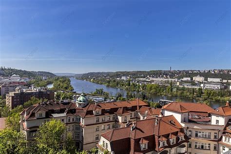 Prague Bridges Over Vltava River Praha Building Roofs Photo Background