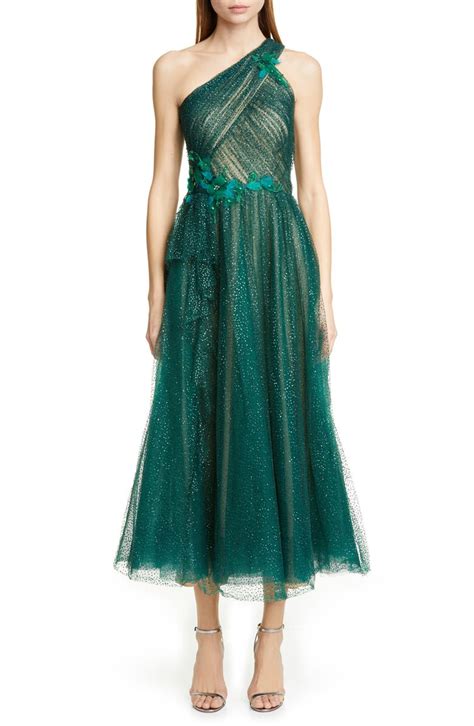 Marchesa Notte Glitter Tulle One Shoulder Midi Dress Nordstrom