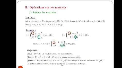 Calcul Matriciel Partie Somme Des Matrices Et Multiplication Par