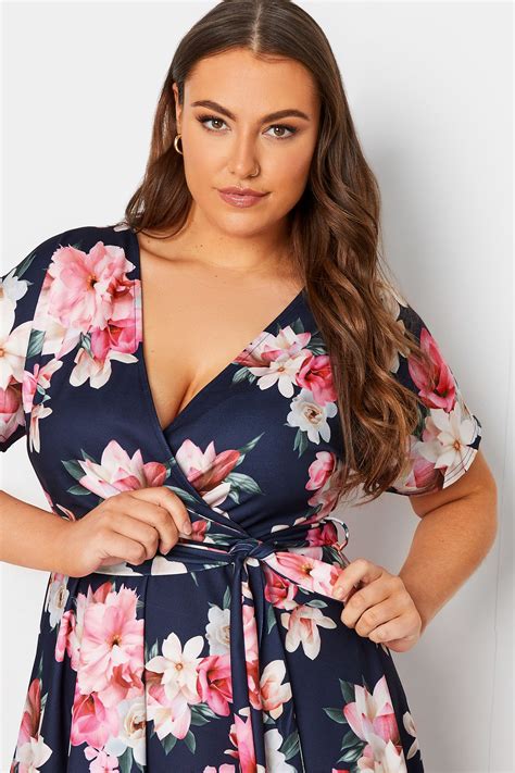 YOURS LONDON Curve Plus Size Navy Blue Pink Floral Skater Wrap Dress