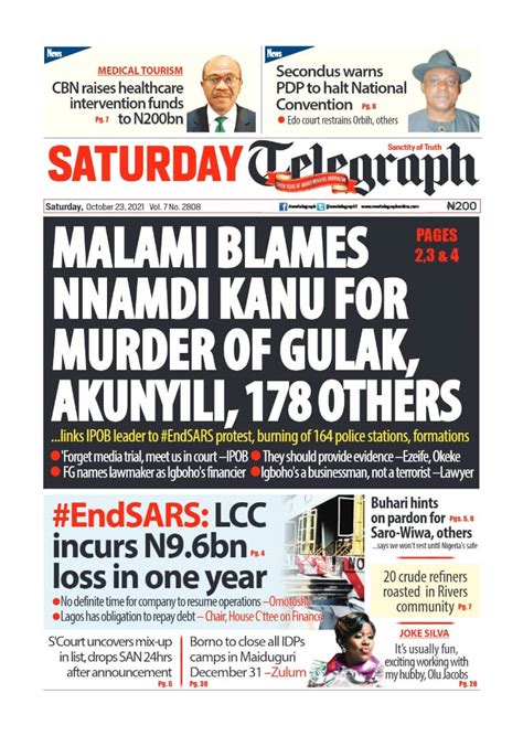 Nigerian Newspapers Daily Front Pages Review Saturday October