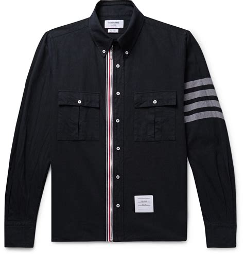 Thom Browne Button Down Collar Grosgrain Trimmed Cotton Twill Zip Up