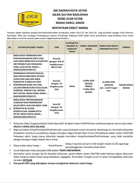 Kenyataan Tawaran Sebut Harga Jkr Kota Setar Portal Rasmi Jabatan Kerja Raya Negeri Kedah