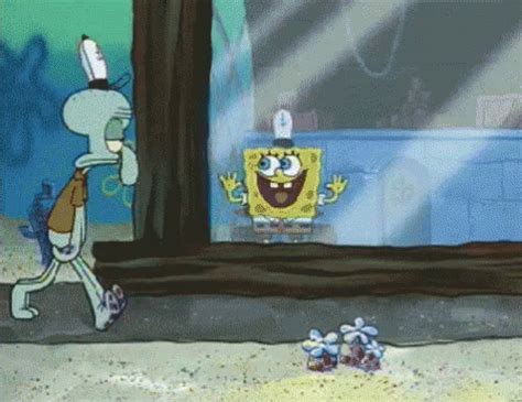 spongebob running in front of a mirror with another cartoon character ...