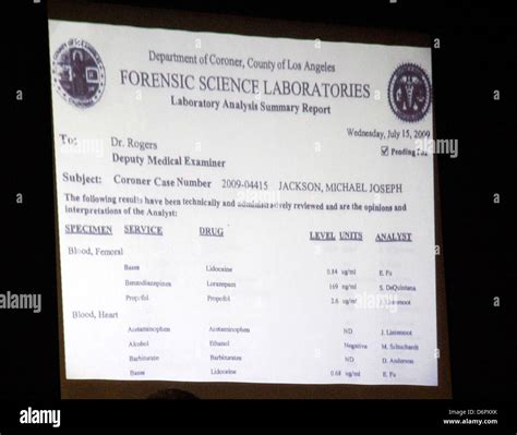 Michael Jackson's toxicology report is seen as evidence projected on a courtroom screen during ...