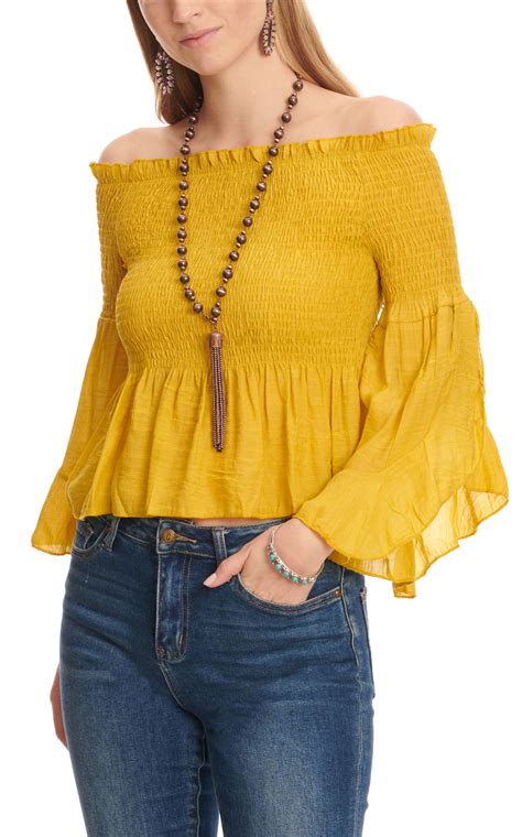 Fashion Express Women S Mustard Smocked Off The Shoulder Long Bell