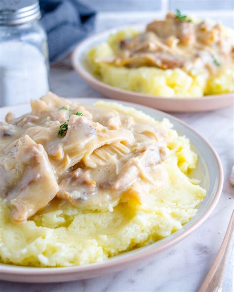 Shredded Chicken Gravy On Mashed Potatoes Cheekykitchen