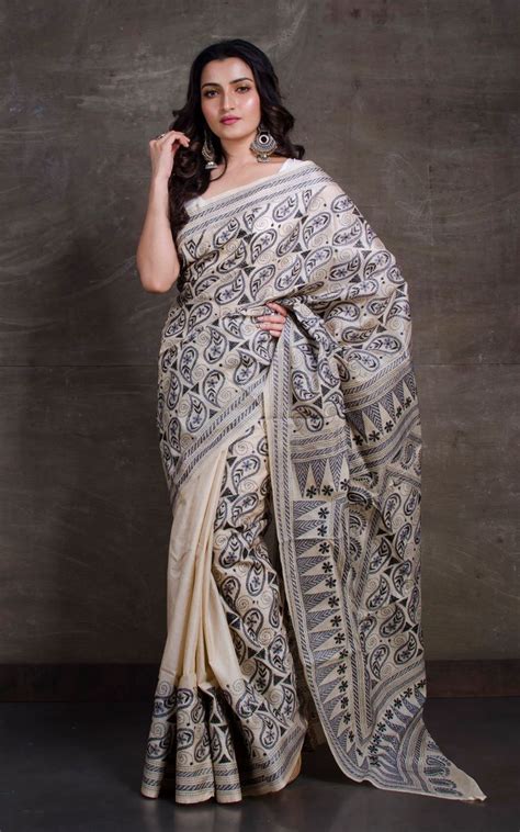 Hand Embroidered Kantha Stitch Tussar Silk Saree In Beige And Black