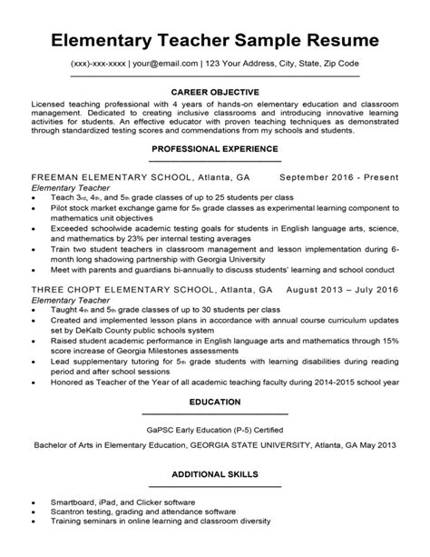 Elementary Teacher Resume Sample And Writing Tips Resume Companion