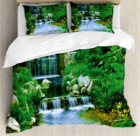 Nature Queen Size Duvet Cover Set Waterfall Flowing Down The Rocks