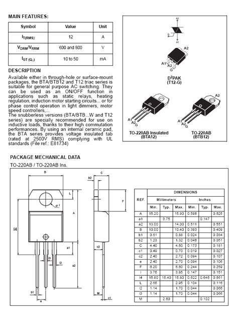 Bta12 600b Transistor Triac 12a 600v