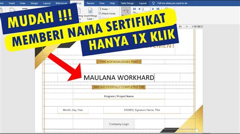 Cara Memberi Nama Sertifikat Otomatis Di Word Youtube