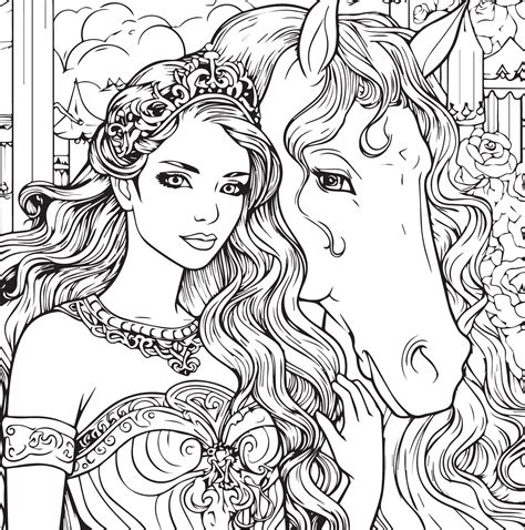 A Unicorn And Princess Coloring Page 27533820 Vector Art At Vecteezy