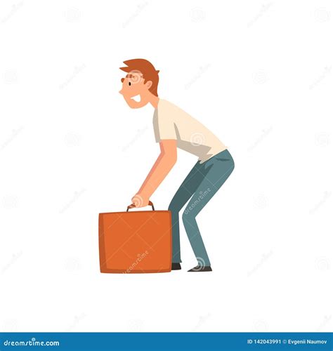 Young Man Carrying Heavy Suitcase Guy Traveling On Vacation Vector