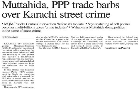 Dawn Epaper Apr 16 2024 Muttahida Ppp Trade Barbs Over Karachi