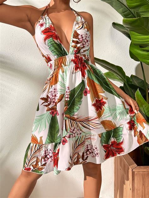 Shein Vcay Tropical Print Halter Neck Backless Knot Ruffle Hem Dress