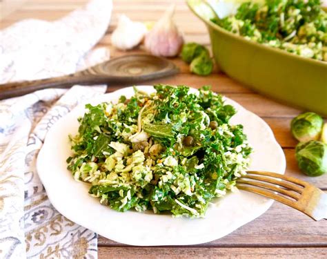 Shredded Brussels Sprouts Kale Salad With Garlic Caper Dressing