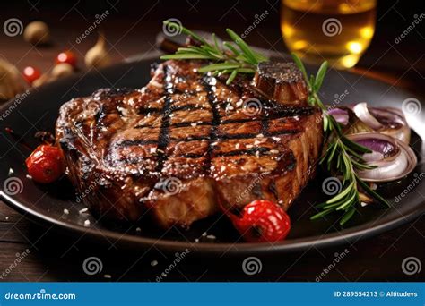 Grilled T Bone Steak On Plate With Garnish Stock Image Image Of