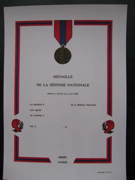 DIPLOME VIERGE MEDAILLE Defense Nationale Echelon Bronze EUR 42 50