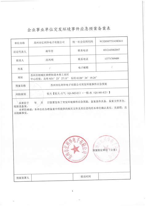 企业事业单位突发环境事件应急预案备案表suzhou City Yilihua Electronics Coltd