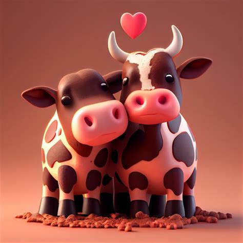 Casal de vaca e touro apaixonado por ilustração de renderização 3d de