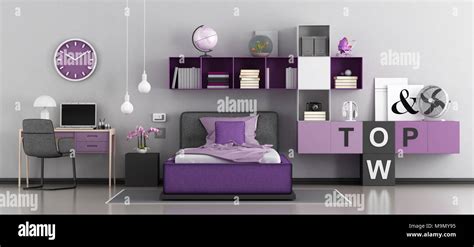 Purple Bedroom For Girl With Bed Desk And Bookcase D Rendering Stock