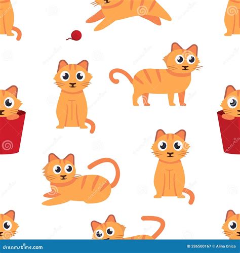 Pets, Kittens Pattern. Cartoon Flat Cats Set, Cats in Different Poses