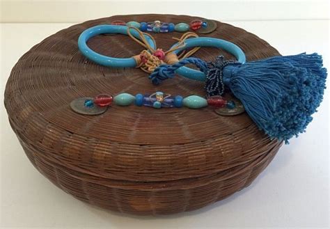 Rare Vintage Chinese Bamboo Sewing Basket Box With Jade And Tassel