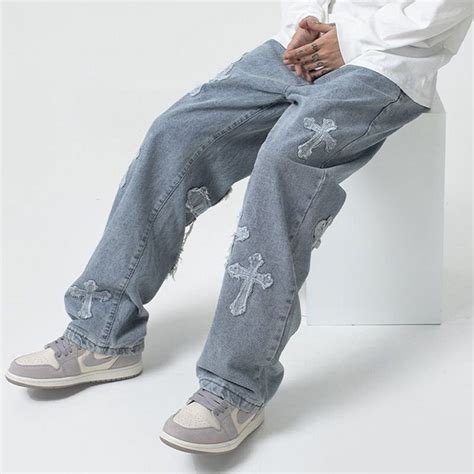 Y2k Christian Cross Design Men Jeans Unisex Baggy Embroidered Etsy