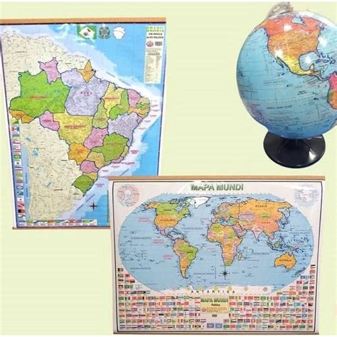 Kit Mapas Didático Adaptado Braille kit 1 Mapa Mundi 1 Mapa Brasil 1